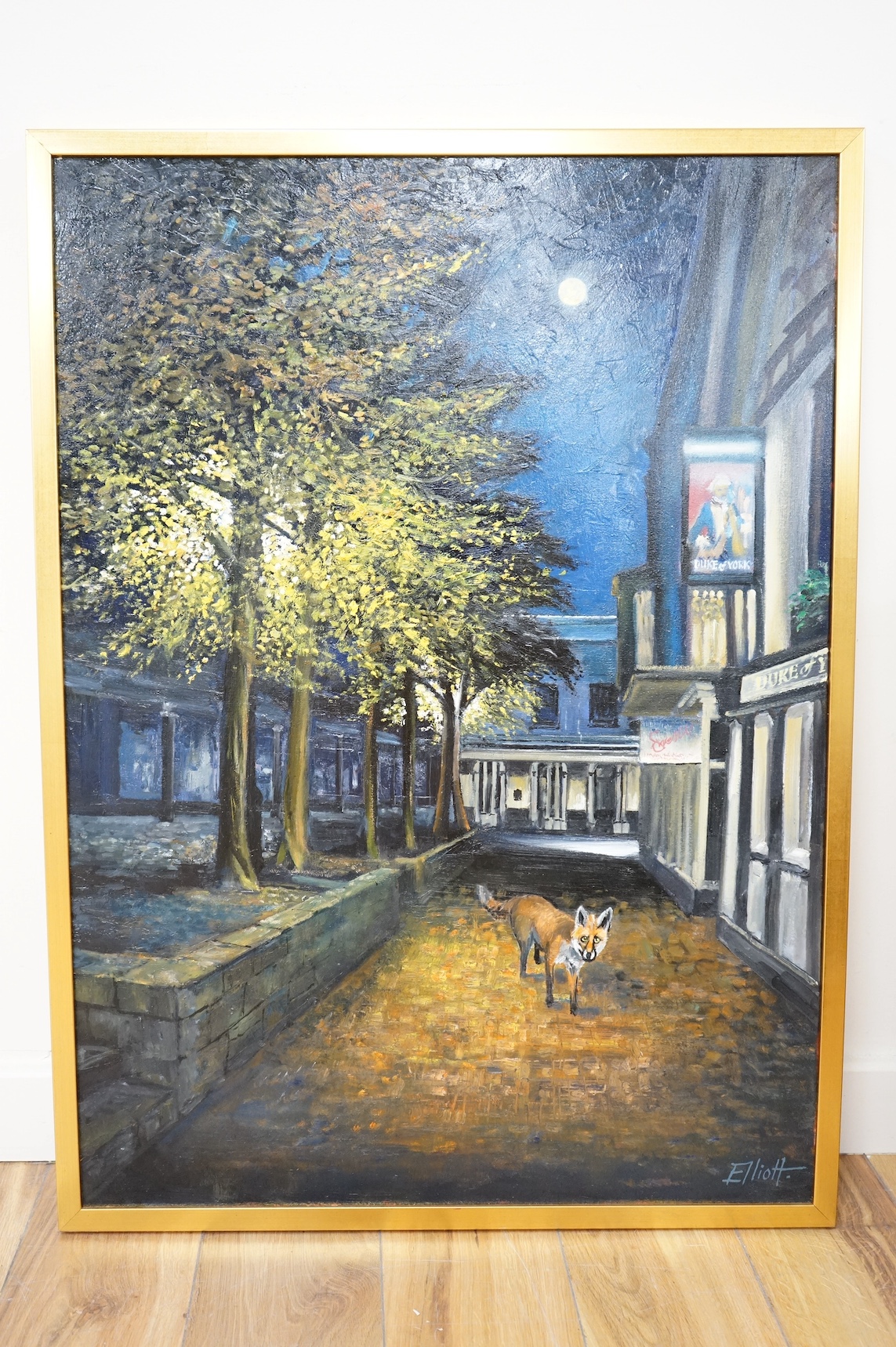 Robin Alexander Elliott (b.1936), oil on canvas, ‘Foxy gentleman visits The Pantiles at Tunbridge Wells’, signed, inscribed verso, 90 x 65cm. Condition - good